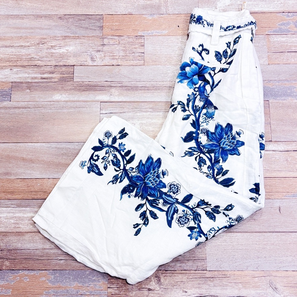 FARM RIO Cream blue floral linen wide leg statement summer pants | Small *